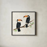 Tropical Fun Bird I Flower Background by Harriet Sussman. Shown in a sleek black glass frame for a contemporary gallery look. Available as an archival giclee rolled canvas, fine art paper, or poster print. SKU 55333a.