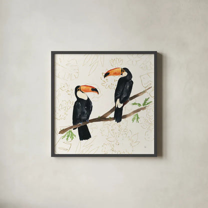 Tropical Fun Bird I Flower Background by Harriet Sussman. Shown in a sleek black glass frame for a contemporary gallery look. Available as an archival giclee rolled canvas, fine art paper, or poster print. SKU 55333a.