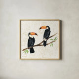 Tropical Fun Bird I Flower Background by Harriet Sussman. Shown in a natural wood glass frame for a timeless modern aesthetic. Available as an archival giclee rolled canvas, fine art paper, or poster print. SKU 55333a.