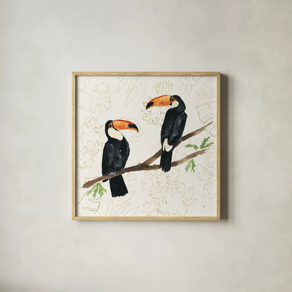 Tropical Fun Bird I Flower Background by Harriet Sussman. Shown in a natural wood glass frame for a timeless modern aesthetic. Available as an archival giclee rolled canvas, fine art paper, or poster print. SKU 55333a.