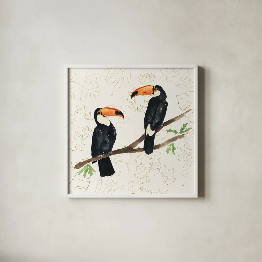 Tropical Fun Bird I Flower Background by Harriet Sussman. Shown in a crisp white glass frame for a clean and minimalist style. Available as an archival giclee rolled canvas, fine art paper, or poster print. SKU 55333a.