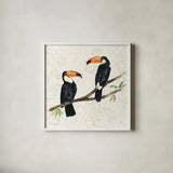 Tropical Fun Bird I Flower Background by Harriet Sussman. Shown in a crisp white glass frame for a clean and minimalist style. Available as an archival giclee rolled canvas, fine art paper, or poster print. SKU 55333a.