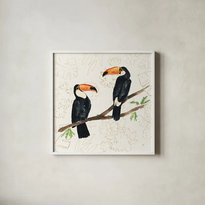 Tropical Fun Bird I Flower Background by Harriet Sussman. Shown in a crisp white glass frame for a clean and minimalist style. Available as an archival giclee rolled canvas, fine art paper, or poster print. SKU 55333a.