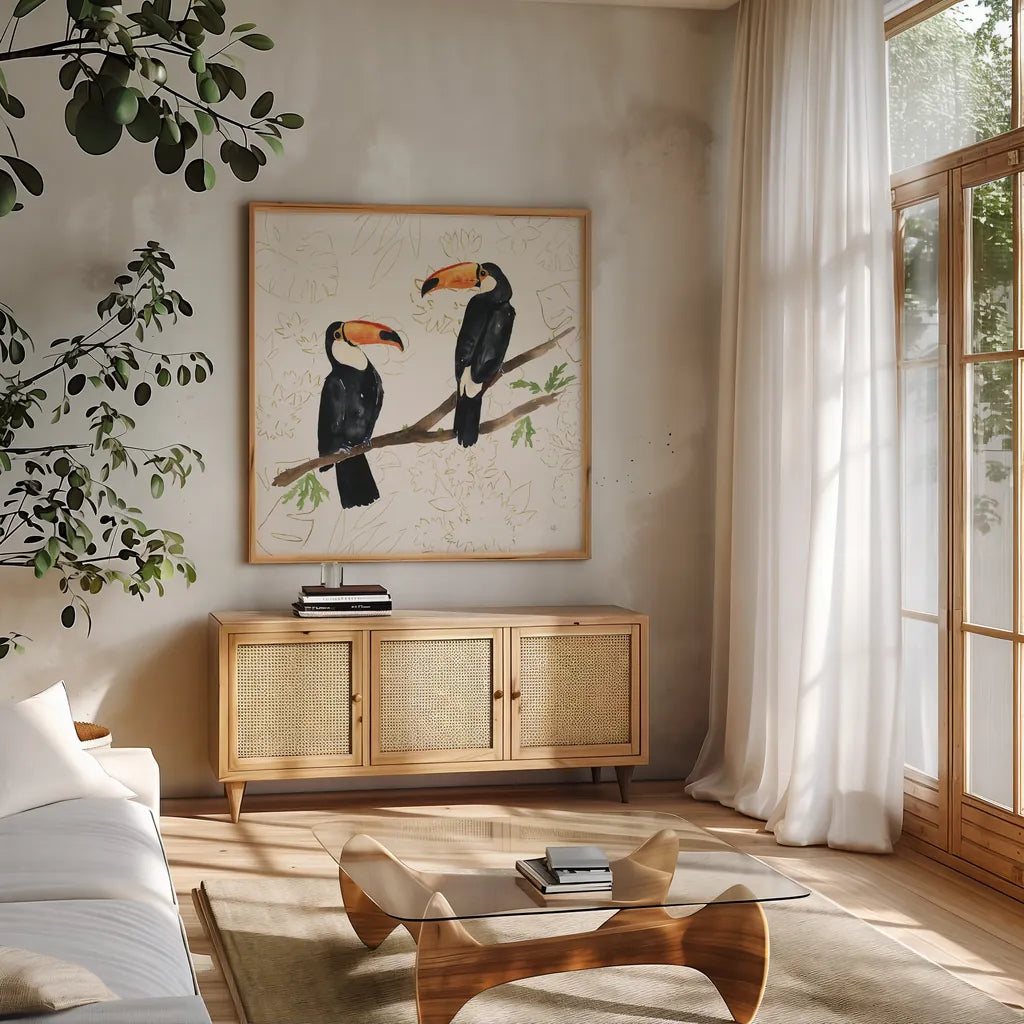 Tropical Fun Bird I Flower Background by Harriet Sussman. Shown in a natural wood frame in a cozy modern living room. Available as an archival giclee rolled canvas, fine art paper, or poster print. SKU 55333a.