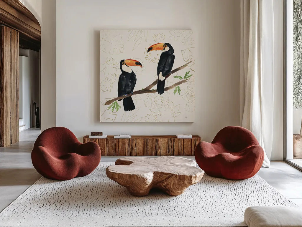 Tropical Fun Bird I Flower Background by Harriet Sussman. Shown as extra-large giant wall art in a modern living room. Available as an archival giclee rolled canvas, fine art paper, or poster print. SKU 55333a.