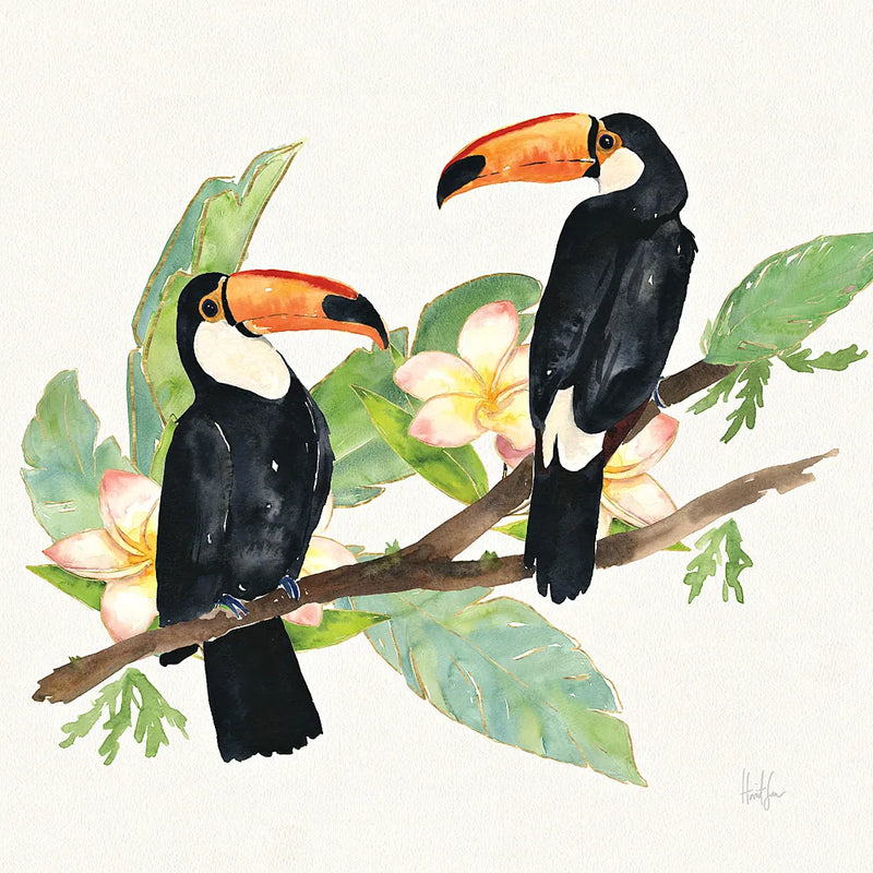Tropical Fun Bird I Leaves by Harriet Sussman. SKU 30968a. Archival Giclee Fine art print for wall decor.