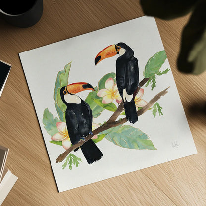 Tropical Fun Bird I Leaves by Harriet Sussman. Shown as a detailed flat fine art print, highlighting archival giclee quality. Available as an archival giclee rolled canvas, fine art paper, or poster print. SKU 30968a.