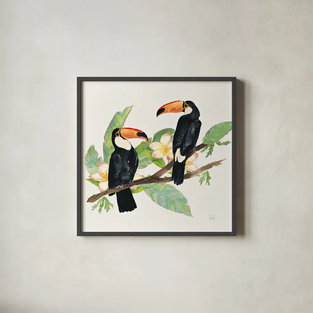Tropical Fun Bird I Leaves by Harriet Sussman. Shown in a sleek black glass frame for a contemporary gallery look. Available as an archival giclee rolled canvas, fine art paper, or poster print. SKU 30968a.