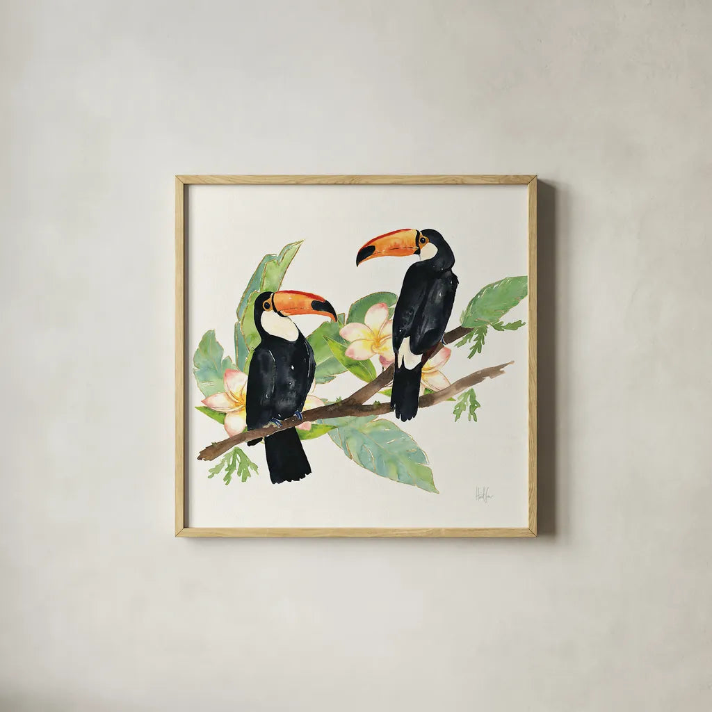 Tropical Fun Bird I Leaves by Harriet Sussman. Shown in a natural wood glass frame for a timeless modern aesthetic. Available as an archival giclee rolled canvas, fine art paper, or poster print. SKU 30968a.