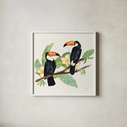Tropical Fun Bird I Leaves by Harriet Sussman. Shown in a crisp white glass frame for a clean and minimalist style. Available as an archival giclee rolled canvas, fine art paper, or poster print. SKU 30968a.