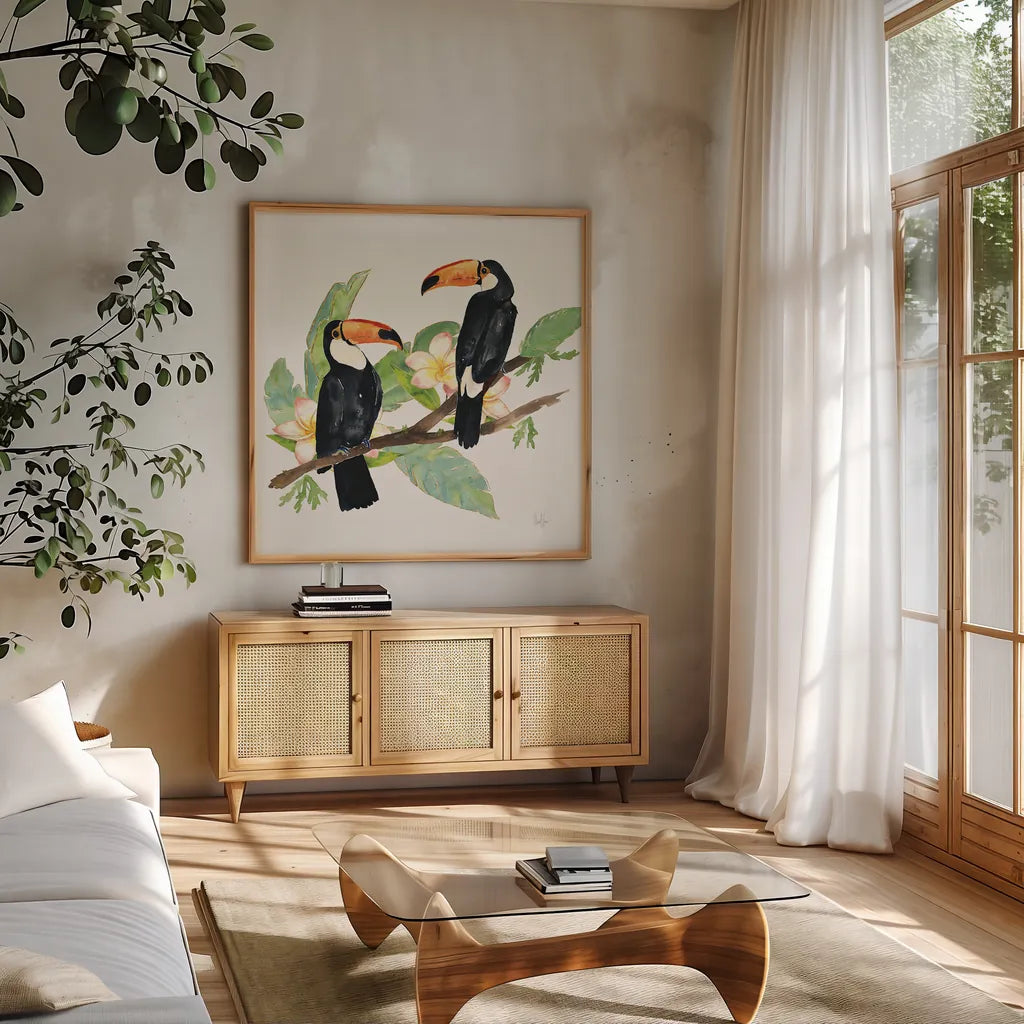 Tropical Fun Bird I Leaves by Harriet Sussman. Shown in a natural wood frame in a cozy modern living room. Available as an archival giclee rolled canvas, fine art paper, or poster print. SKU 30968a.