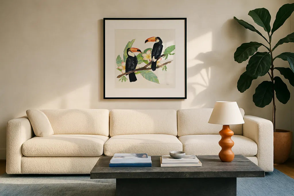 Tropical Fun Bird I Leaves by Harriet Sussman. Displayed in a glass frame with matte in a clean modern living room. Available as an archival giclee rolled canvas, fine art paper, or poster print. SKU 30968a.