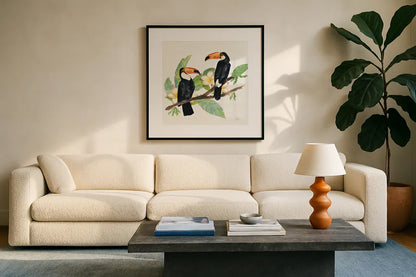 Tropical Fun Bird I Leaves by Harriet Sussman. Displayed in a glass frame with matte in a clean modern living room. Available as an archival giclee rolled canvas, fine art paper, or poster print. SKU 30968a.