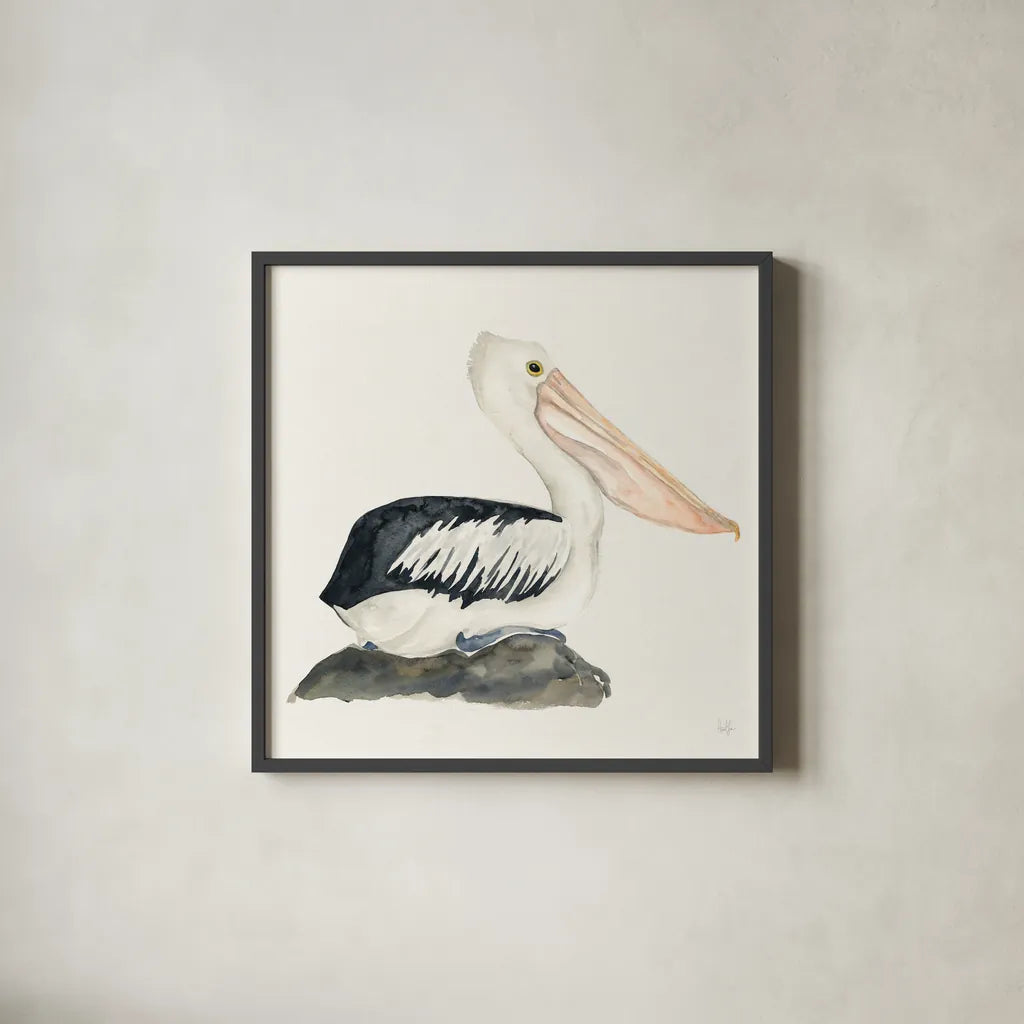 Tropical Fun Bird II by Harriet Sussman. Shown in a sleek black glass frame for a contemporary gallery look. Available as an archival giclee rolled canvas, fine art paper, or poster print. SKU 27952a.