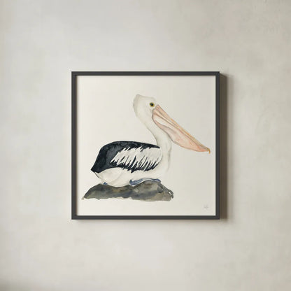 Tropical Fun Bird II by Harriet Sussman. Shown in a sleek black glass frame for a contemporary gallery look. Available as an archival giclee rolled canvas, fine art paper, or poster print. SKU 27952a.