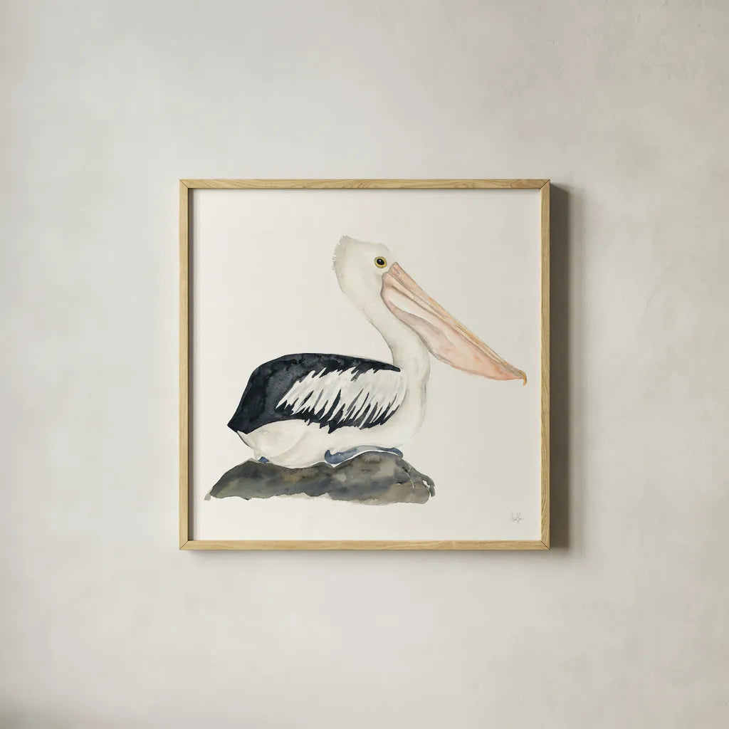 Tropical Fun Bird II by Harriet Sussman. Shown in a natural wood glass frame for a timeless modern aesthetic. Available as an archival giclee rolled canvas, fine art paper, or poster print. SKU 27952a.