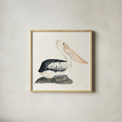 Tropical Fun Bird II by Harriet Sussman. Shown in a natural wood glass frame for a timeless modern aesthetic. Available as an archival giclee rolled canvas, fine art paper, or poster print. SKU 27952a.