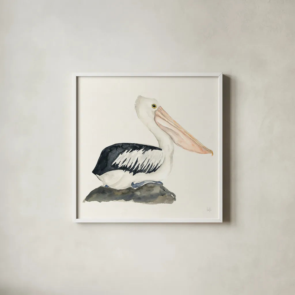 Tropical Fun Bird II by Harriet Sussman. Shown in a crisp white glass frame for a clean and minimalist style. Available as an archival giclee rolled canvas, fine art paper, or poster print. SKU 27952a.