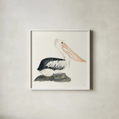 Tropical Fun Bird II by Harriet Sussman. Shown in a crisp white glass frame for a clean and minimalist style. Available as an archival giclee rolled canvas, fine art paper, or poster print. SKU 27952a.