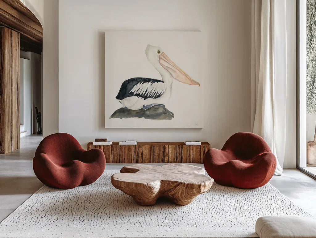 Tropical Fun Bird II by Harriet Sussman. Shown as extra-large giant wall art in a modern living room. Available as an archival giclee rolled canvas, fine art paper, or poster print. SKU 27952a.