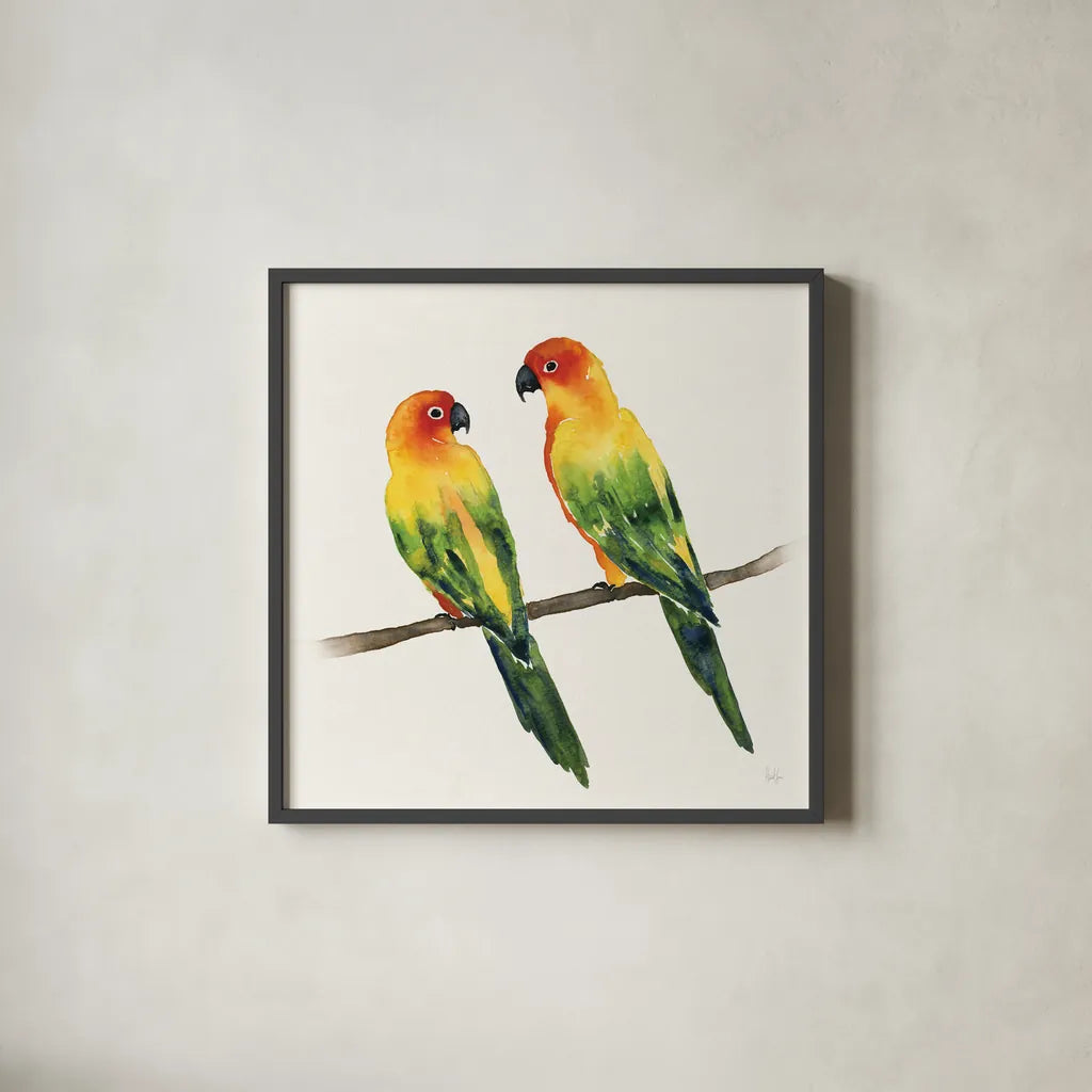 Tropical Fun Bird III by Harriet Sussman. Shown in a sleek black glass frame for a contemporary gallery look. Available as an archival giclee rolled canvas, fine art paper, or poster print. SKU 27953a.