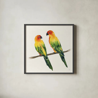 Tropical Fun Bird III by Harriet Sussman. Shown in a sleek black glass frame for a contemporary gallery look. Available as an archival giclee rolled canvas, fine art paper, or poster print. SKU 27953a.