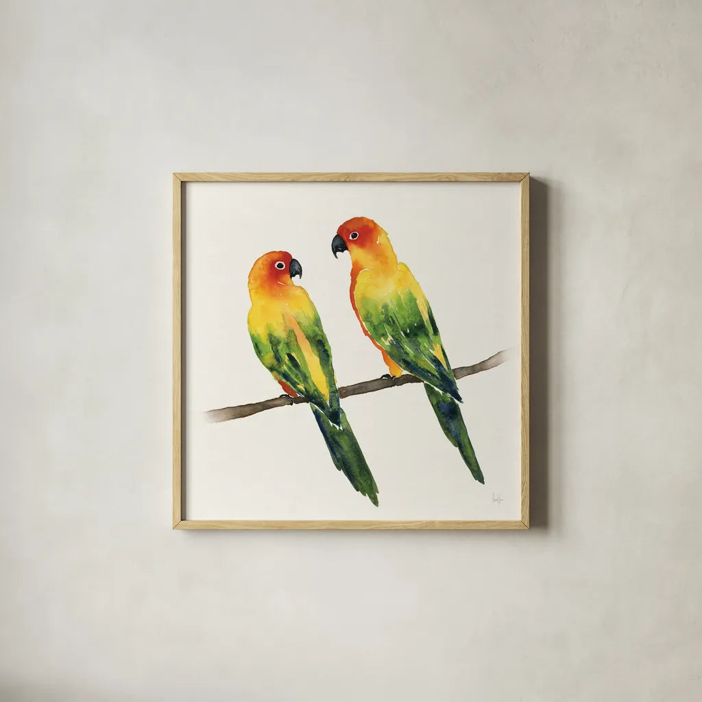 Tropical Fun Bird III by Harriet Sussman. Shown in a natural wood glass frame for a timeless modern aesthetic. Available as an archival giclee rolled canvas, fine art paper, or poster print. SKU 27953a.
