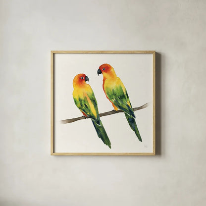 Tropical Fun Bird III by Harriet Sussman. Shown in a natural wood glass frame for a timeless modern aesthetic. Available as an archival giclee rolled canvas, fine art paper, or poster print. SKU 27953a.
