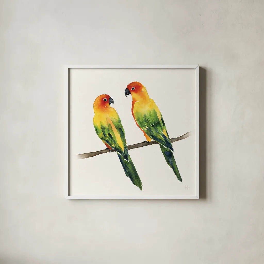 Tropical Fun Bird III by Harriet Sussman. Shown in a crisp white glass frame for a clean and minimalist style. Available as an archival giclee rolled canvas, fine art paper, or poster print. SKU 27953a.