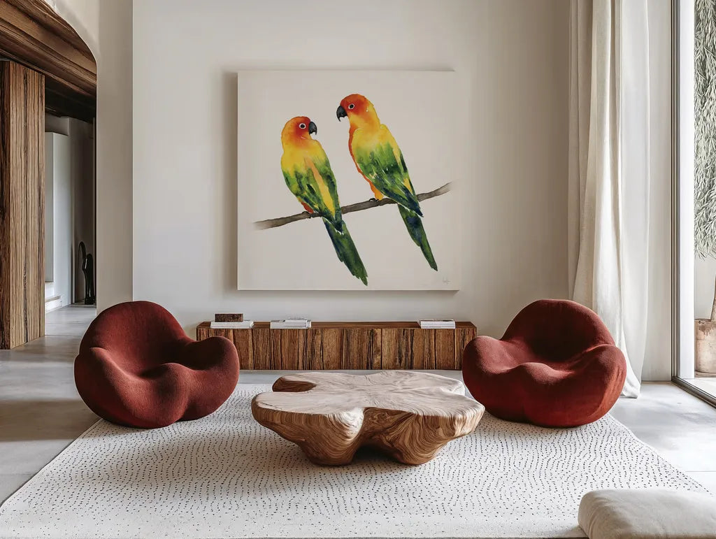 Tropical Fun Bird III by Harriet Sussman. Shown as extra-large giant wall art in a modern living room. Available as an archival giclee rolled canvas, fine art paper, or poster print. SKU 27953a.