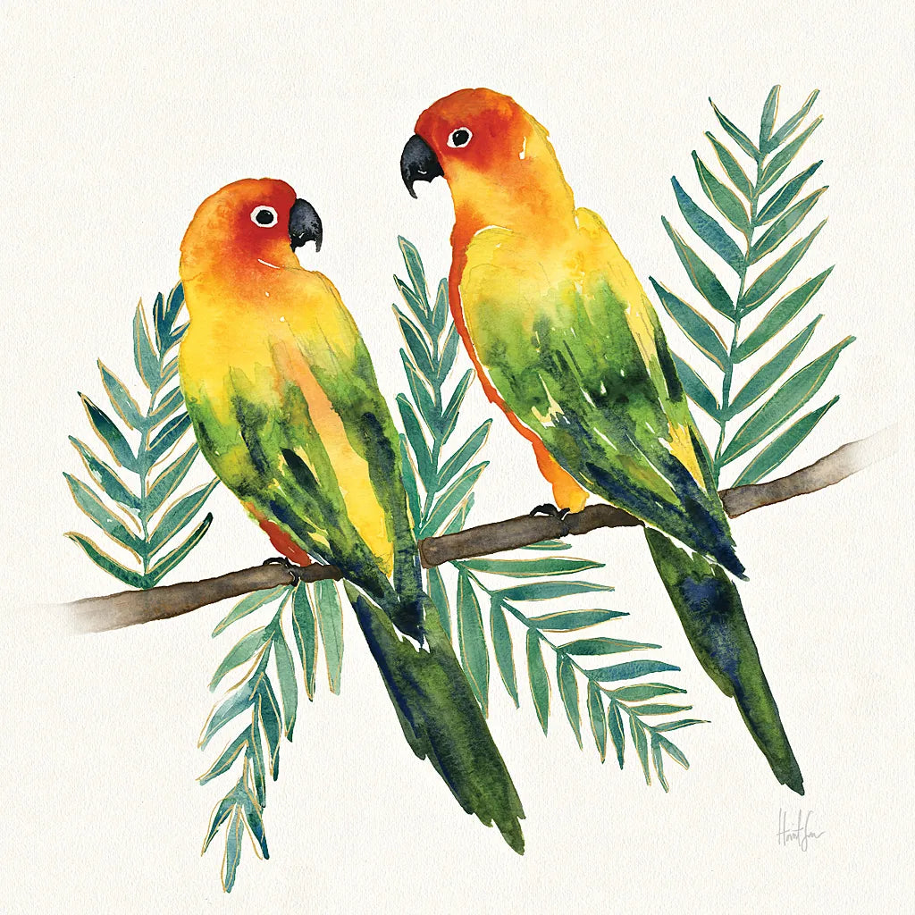 Tropical Fun Bird III Leaves by Harriet Sussman. SKU 30969a. Archival Giclee Fine art print for wall decor.