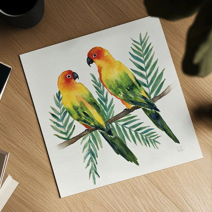 Tropical Fun Bird III Leaves by Harriet Sussman. Shown as a detailed flat fine art print, highlighting archival giclee quality. Available as an archival giclee rolled canvas, fine art paper, or poster print. SKU 30969a.