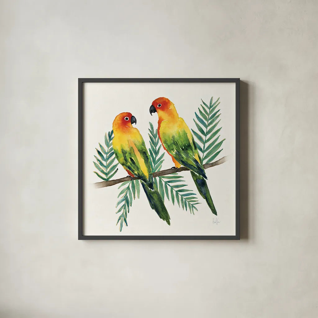 Tropical Fun Bird III Leaves by Harriet Sussman. Shown in a sleek black glass frame for a contemporary gallery look. Available as an archival giclee rolled canvas, fine art paper, or poster print. SKU 30969a.
