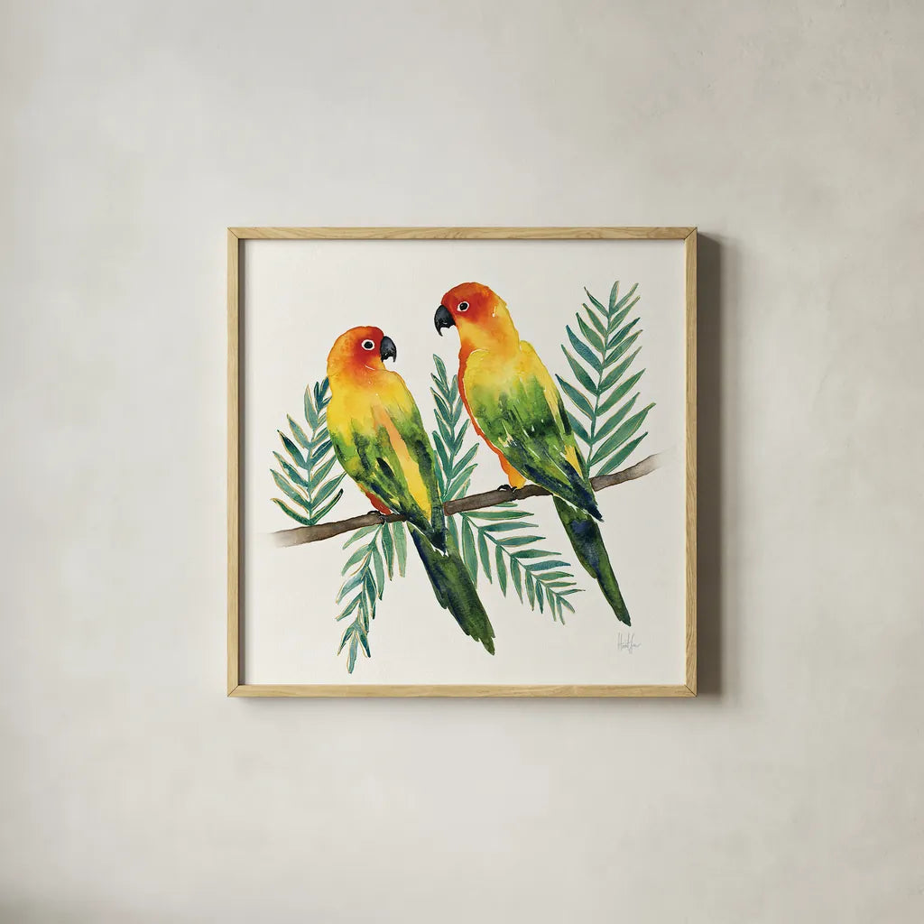 Tropical Fun Bird III Leaves by Harriet Sussman. Shown in a natural wood glass frame for a timeless modern aesthetic. Available as an archival giclee rolled canvas, fine art paper, or poster print. SKU 30969a.