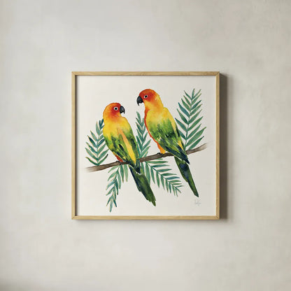 Tropical Fun Bird III Leaves by Harriet Sussman. Shown in a natural wood glass frame for a timeless modern aesthetic. Available as an archival giclee rolled canvas, fine art paper, or poster print. SKU 30969a.