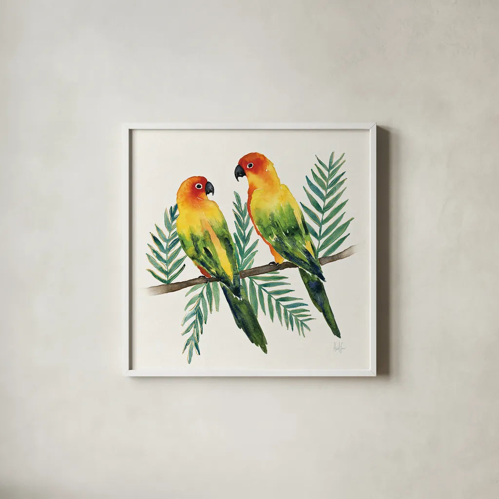 Tropical Fun Bird III Leaves by Harriet Sussman. Shown in a crisp white glass frame for a clean and minimalist style. Available as an archival giclee rolled canvas, fine art paper, or poster print. SKU 30969a.