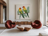 Tropical Fun Bird III Leaves by Harriet Sussman. Shown as extra-large giant wall art in a modern living room. Available as an archival giclee rolled canvas, fine art paper, or poster print. SKU 30969a.