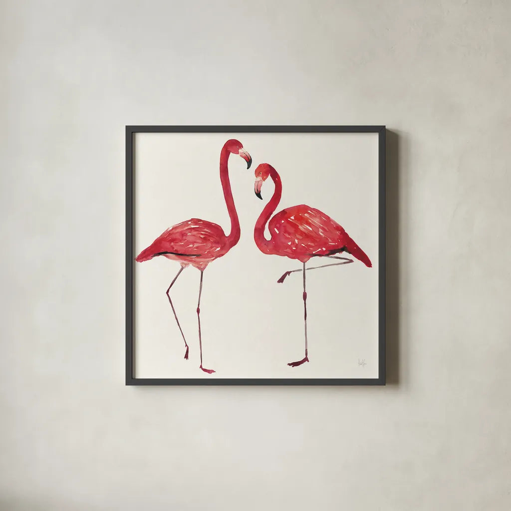 Tropical Fun Bird IV by Harriet Sussman. Shown in a sleek black glass frame for a contemporary gallery look. Available as an archival giclee rolled canvas, fine art paper, or poster print. SKU 27954a.