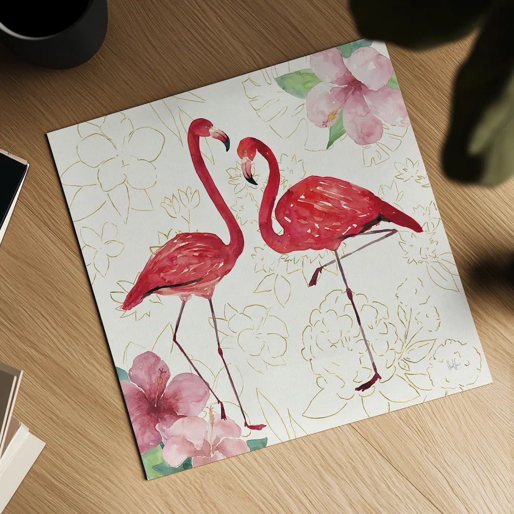 Tropical Fun Bird IV with Gold by Harriet Sussman. Shown as a detailed flat fine art print, highlighting archival giclee quality. Available as an archival giclee rolled canvas, fine art paper, or poster print. SKU 30970a.