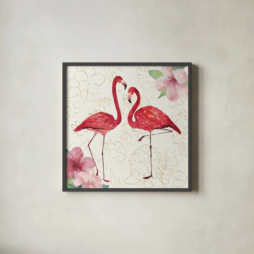 Tropical Fun Bird IV with Gold by Harriet Sussman. Shown in a sleek black glass frame for a contemporary gallery look. Available as an archival giclee rolled canvas, fine art paper, or poster print. SKU 30970a.