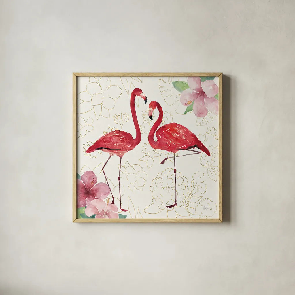 Tropical Fun Bird IV with Gold by Harriet Sussman. Shown in a natural wood glass frame for a timeless modern aesthetic. Available as an archival giclee rolled canvas, fine art paper, or poster print. SKU 30970a.