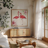 Tropical Fun Bird IV with Gold by Harriet Sussman. Shown in a natural wood frame in a cozy modern living room. Available as an archival giclee rolled canvas, fine art paper, or poster print. SKU 30970a.