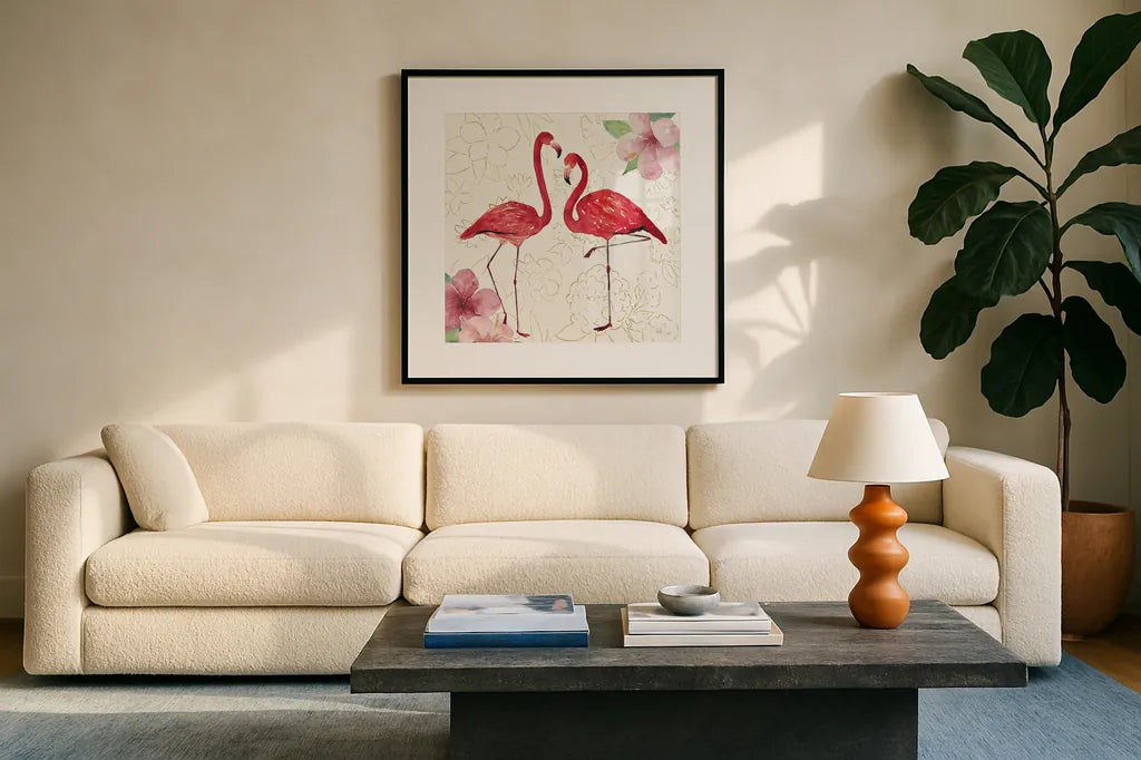 Tropical Fun Bird IV with Gold by Harriet Sussman. Displayed in a glass frame with matte in a clean modern living room. Available as an archival giclee rolled canvas, fine art paper, or poster print. SKU 30970a.