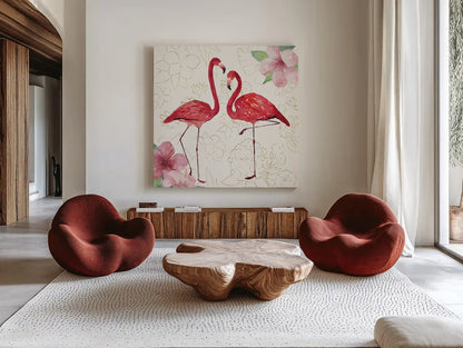 Tropical Fun Bird IV with Gold by Harriet Sussman. Shown as extra-large giant wall art in a modern living room. Available as an archival giclee rolled canvas, fine art paper, or poster print. SKU 30970a.