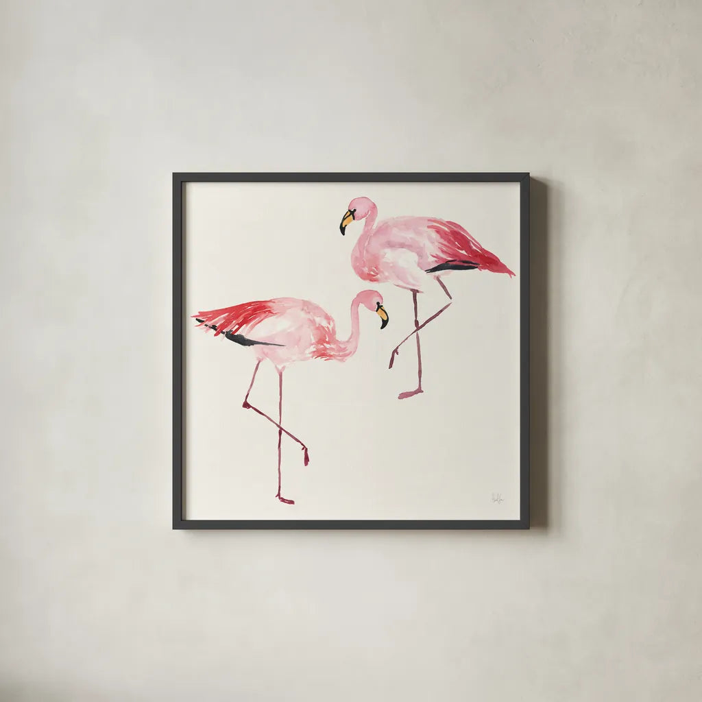 Tropical Fun Bird V by Harriet Sussman. Shown in a sleek black glass frame for a contemporary gallery look. Available as an archival giclee rolled canvas, fine art paper, or poster print. SKU 27955a.