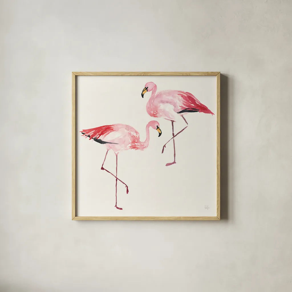 Tropical Fun Bird V by Harriet Sussman. Shown in a natural wood glass frame for a timeless modern aesthetic. Available as an archival giclee rolled canvas, fine art paper, or poster print. SKU 27955a.