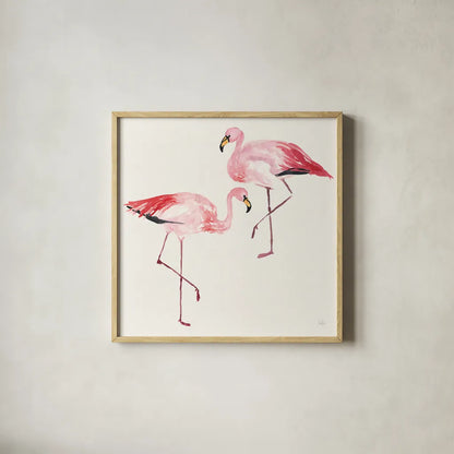 Tropical Fun Bird V by Harriet Sussman. Shown in a natural wood glass frame for a timeless modern aesthetic. Available as an archival giclee rolled canvas, fine art paper, or poster print. SKU 27955a.