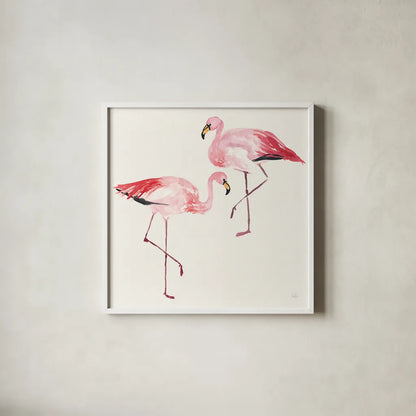 Tropical Fun Bird V by Harriet Sussman. Shown in a crisp white glass frame for a clean and minimalist style. Available as an archival giclee rolled canvas, fine art paper, or poster print. SKU 27955a.