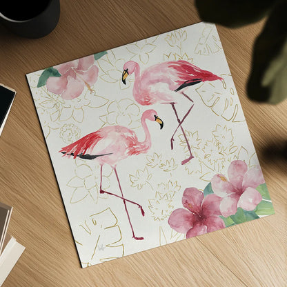 Tropical Fun Bird V with Gold by Harriet Sussman. Shown as a detailed flat fine art print, highlighting archival giclee quality. Available as an archival giclee rolled canvas, fine art paper, or poster print. SKU 30971a.