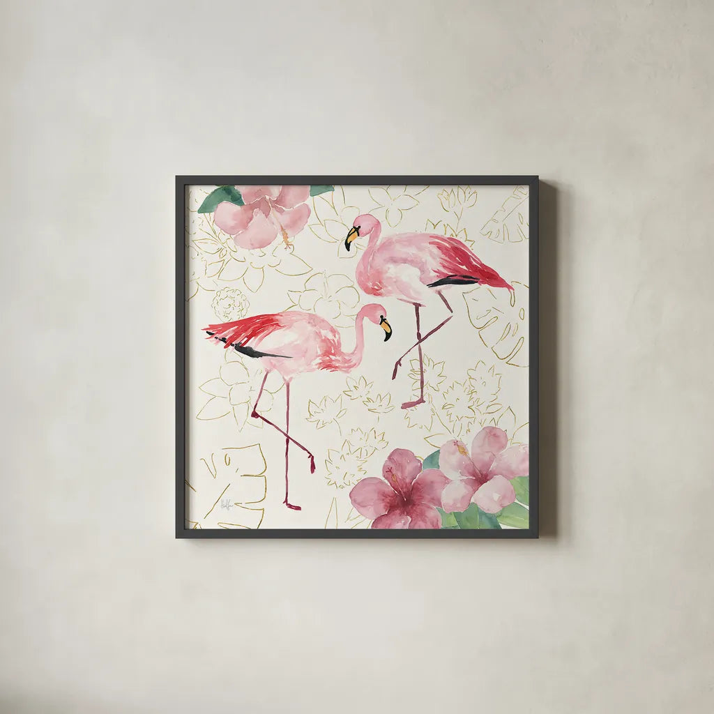Tropical Fun Bird V with Gold by Harriet Sussman. Shown in a sleek black glass frame for a contemporary gallery look. Available as an archival giclee rolled canvas, fine art paper, or poster print. SKU 30971a.